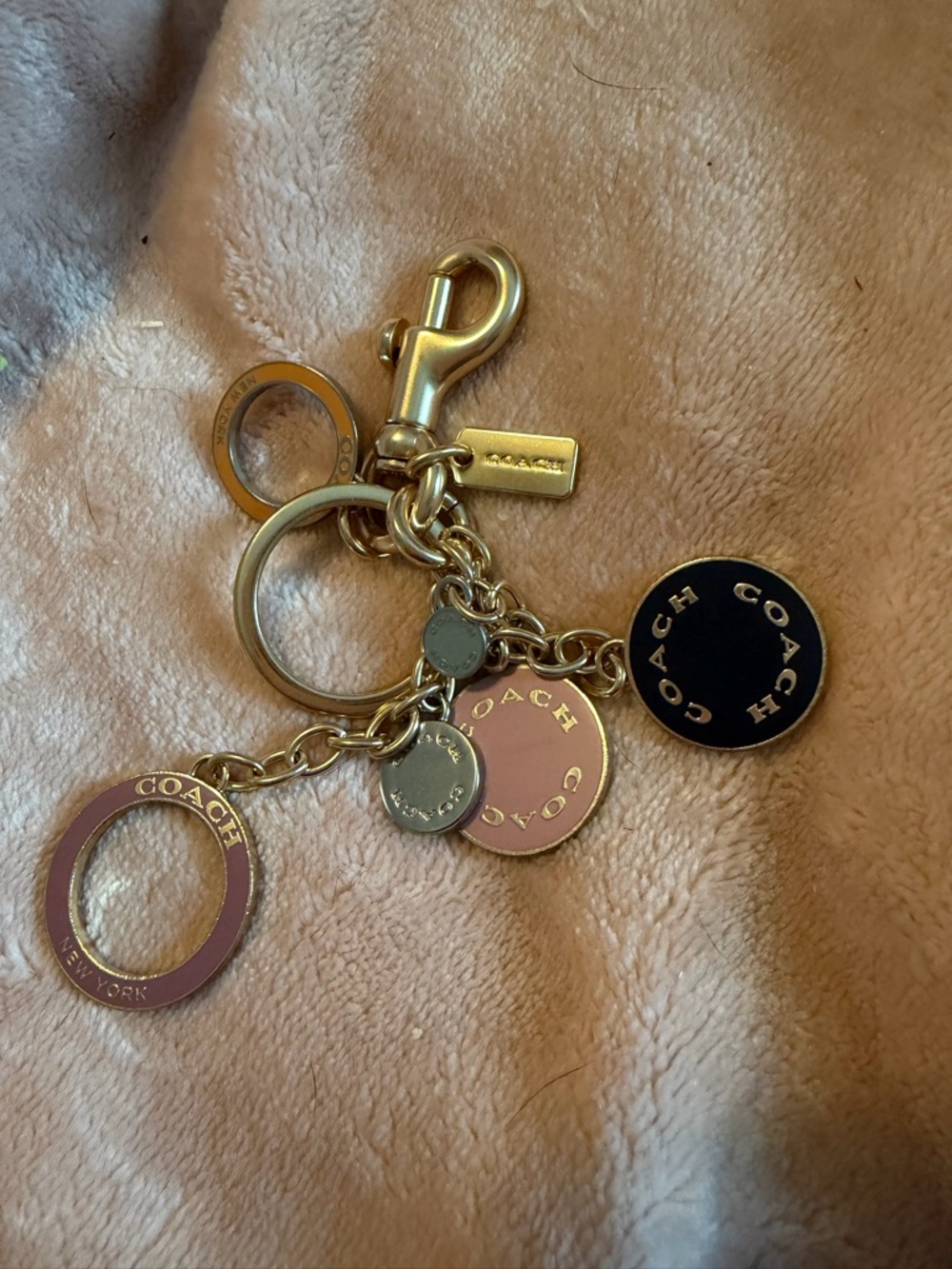 Coach Gold-Tone Keychain with Pink and Black Enamel Discs